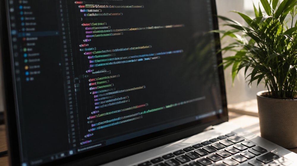 プログラムのコードが表示されたノートPCの画面