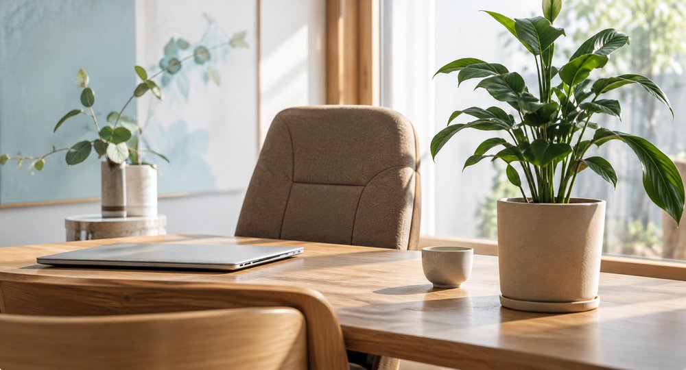 ノートPCと観葉植物が置かれた明るいデスク
